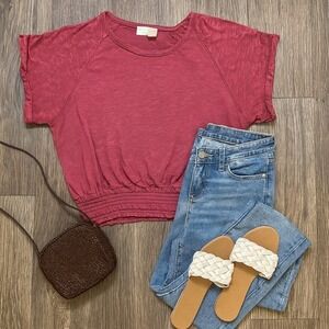 Saturday Sunday Anthropologie Burgundy Smocked Waist Short Sleeve Top - Large‎